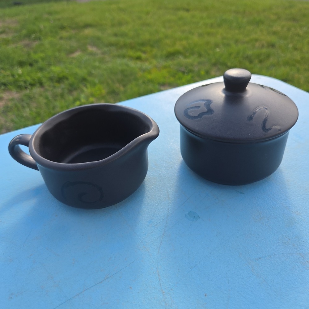 Vintage Pfaltzgraff Tempest Black Pitcher Creamer and Sugar Bowl Lid Set